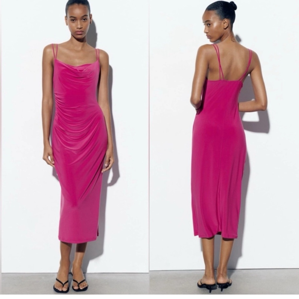 Zara fuchsia hot pink draped gathered cowl neck spaghetti strap midi dress NWOT